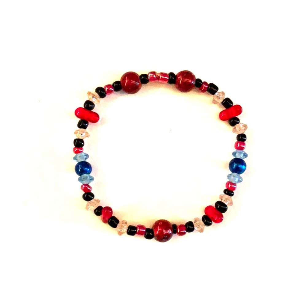 Red, blue, and black stretch bead bracelet